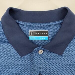 PGA TOUR Mens Casual Blue Geometric Print Short Sleeve Golf Polo Shirt Size L